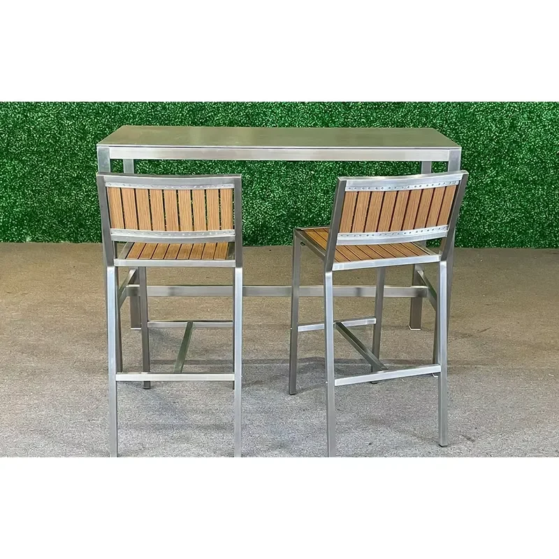 Modern Stainless Steel Bar Stool Set with Glass Top Table Outdoor Metal High Chair Plastic Wood Seat Patio Furniture Decor