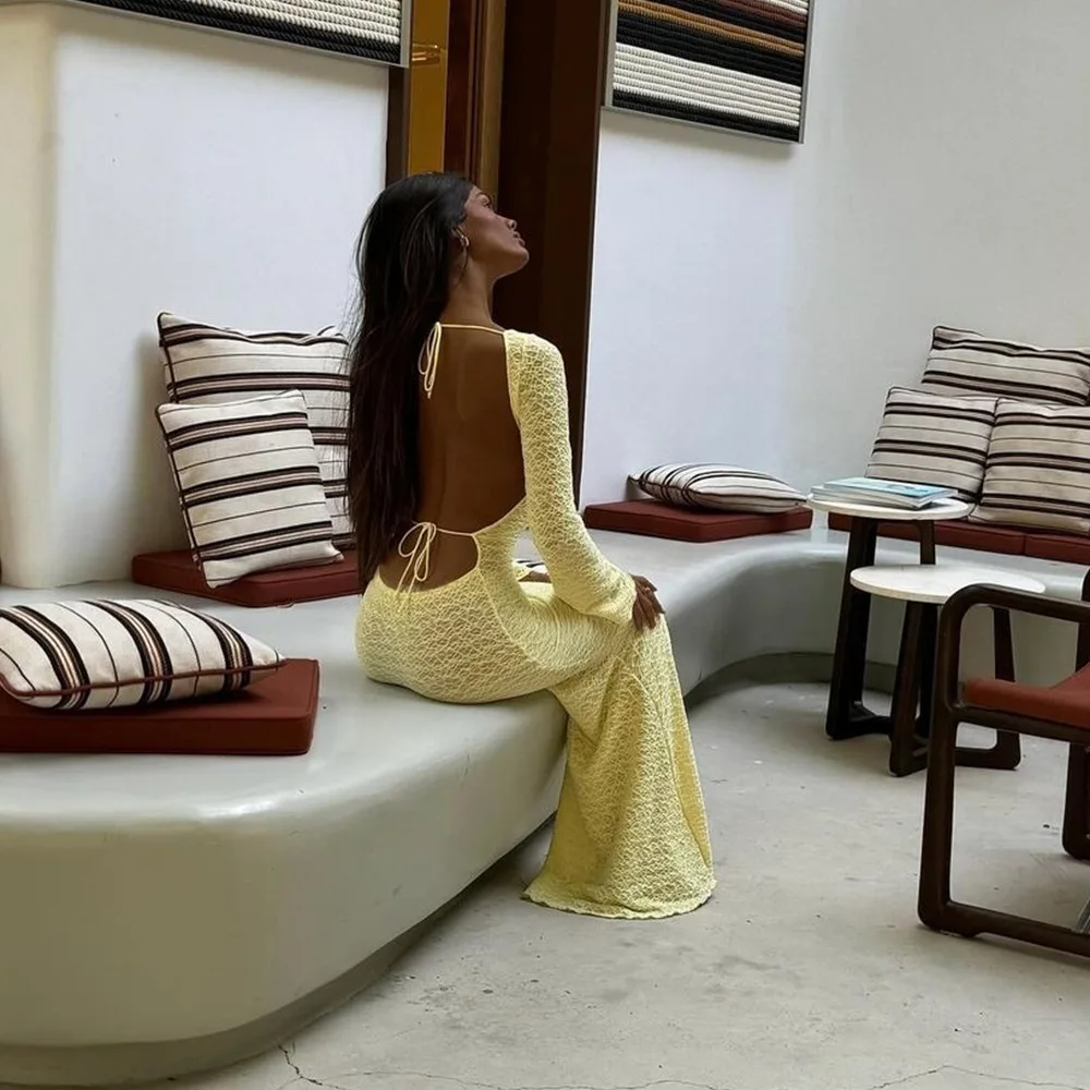 Robe de luxe à manches longues pour femmes, Chic, col rond, dos nu, à lacets, Maxi, soirée, invité de mariage, nouvelle collection automne hiver 2025