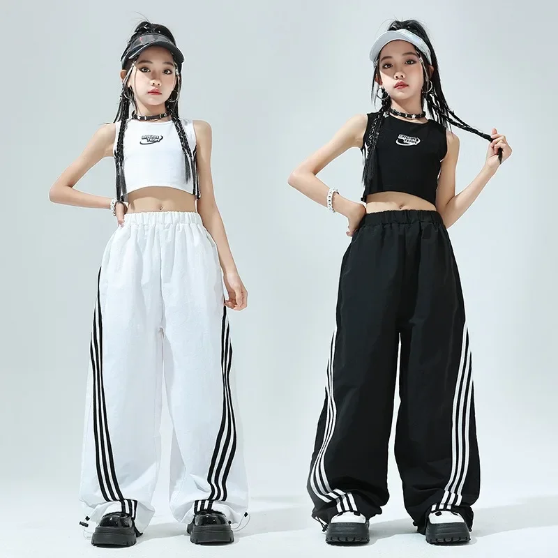 New Girls' Hip-hop Performance Costumes Summer White Umbilical Vest Short-sleeved Suit, Korean Jazz Dance Performance Costumes