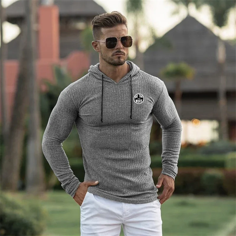 Autumn Fashion Knitted Hooded T-shirt Men Slim Fit Sweaters Knittwear Mens Long Sleeve Pullovers Tshirts Men Fitness Pull Homme