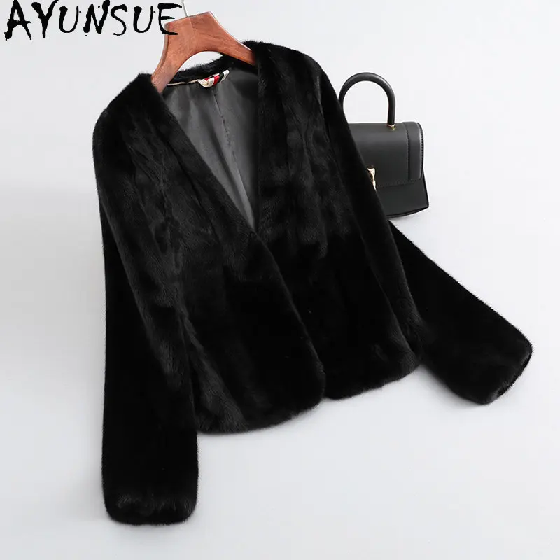 

Пальто из натурального меха норки AYUNSUE, женская зимняя куртка из натурального меха, с V-образным вырезом, длинными рукавами, в корейском стиле, верхняя одежда, женская одежда, новинка