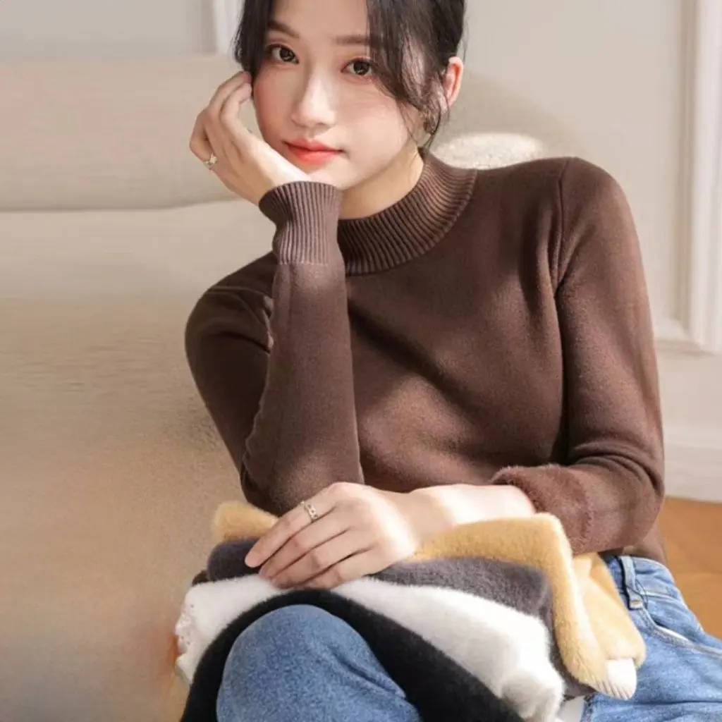 

Женский свитер с полуводолазкой на флисовой подкладке больших размеров, бархатный утолщенный внутренний облегающий базовый слой, теплый топ на осень-зиму