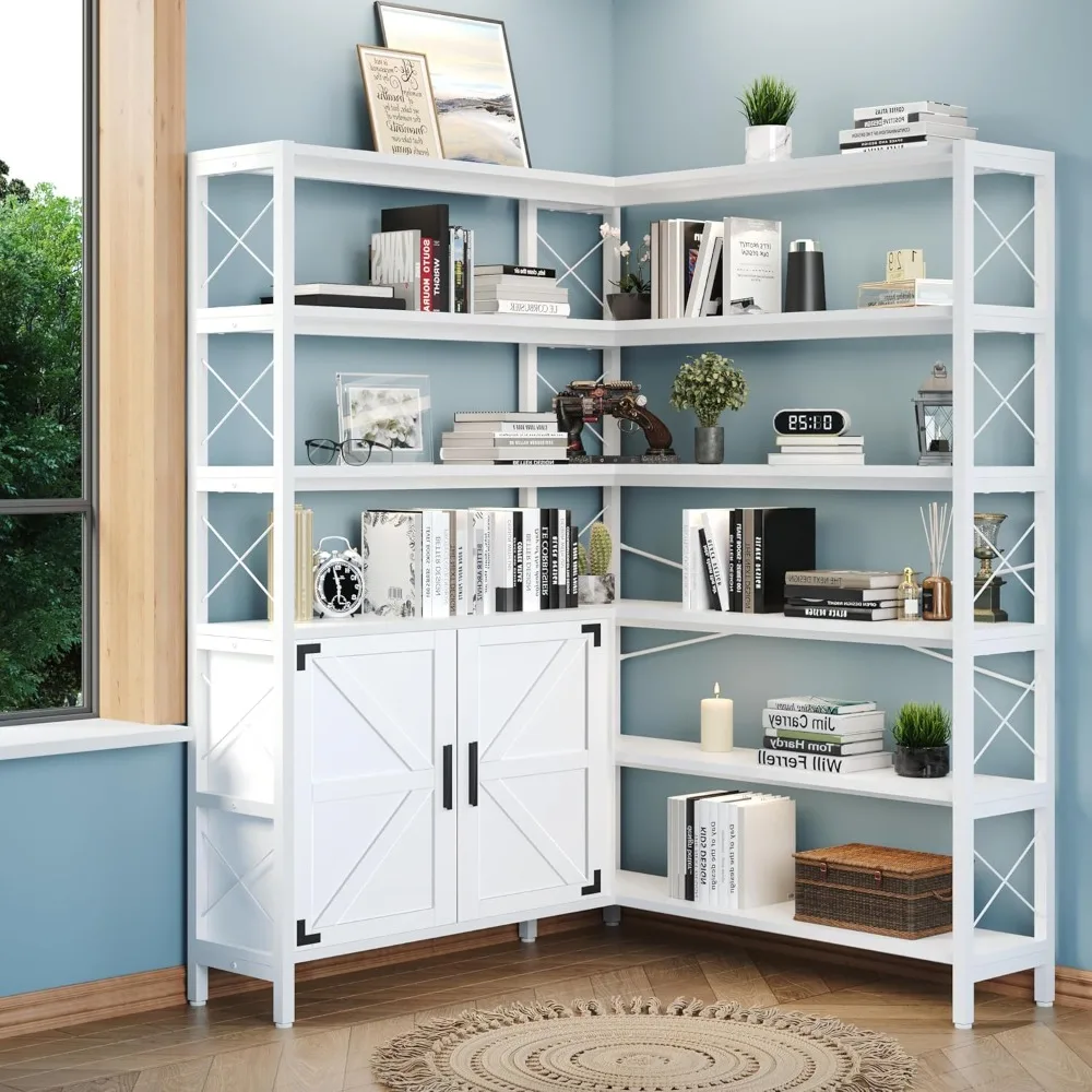 

6-Shelf Corner Bookshelf, Vintage Industrial Corner Shelf Etagere Bookcase, Large Book Shelf with Metal Frame Open Storage Corne