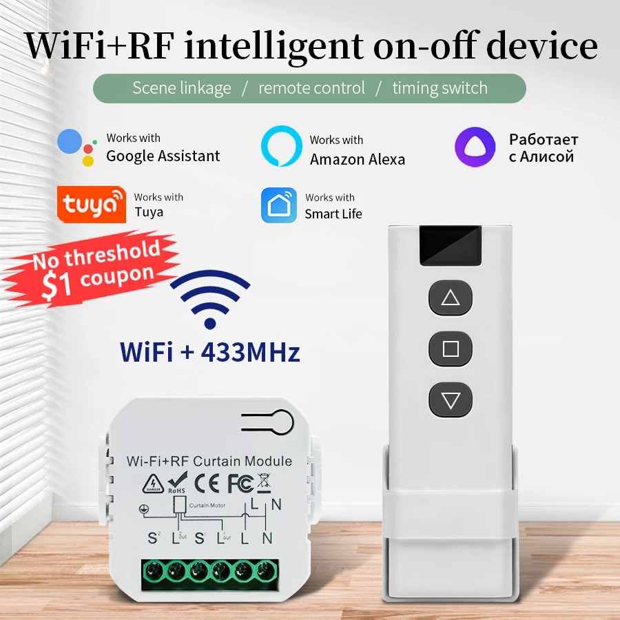 

Tuya Blind WiFi Curtain Switch Electric Rolling Shutter RF433MHz Remote Control For Smart Life App Support Google Home Alexa