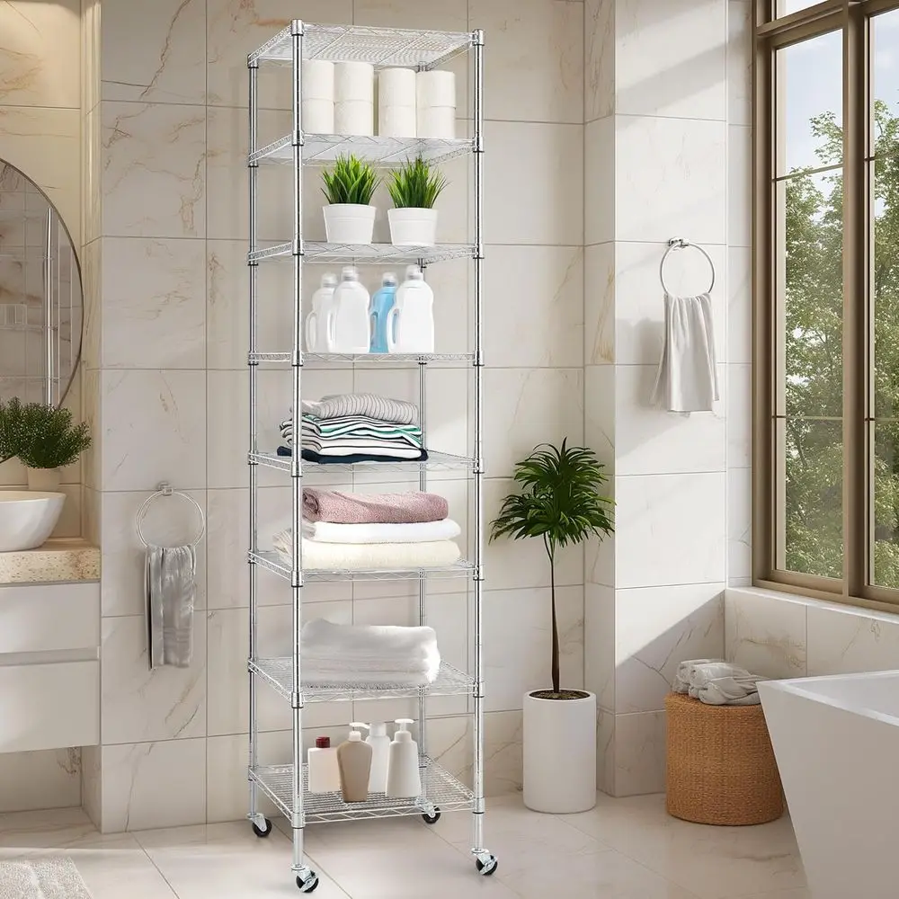 18 x 18 x 78,7 Zoll robustes, 8-stufiges, verstellbares Stahldrahtregal mit Rädern, NSF-zertifiziert für die Speisekammer