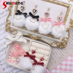 Handmade Lolita Ear Clip Female 2024 New Japanese Sweet Lady Velvet Bow Fur Ball Rhinestone Lovely 925 Silver Needle Earring