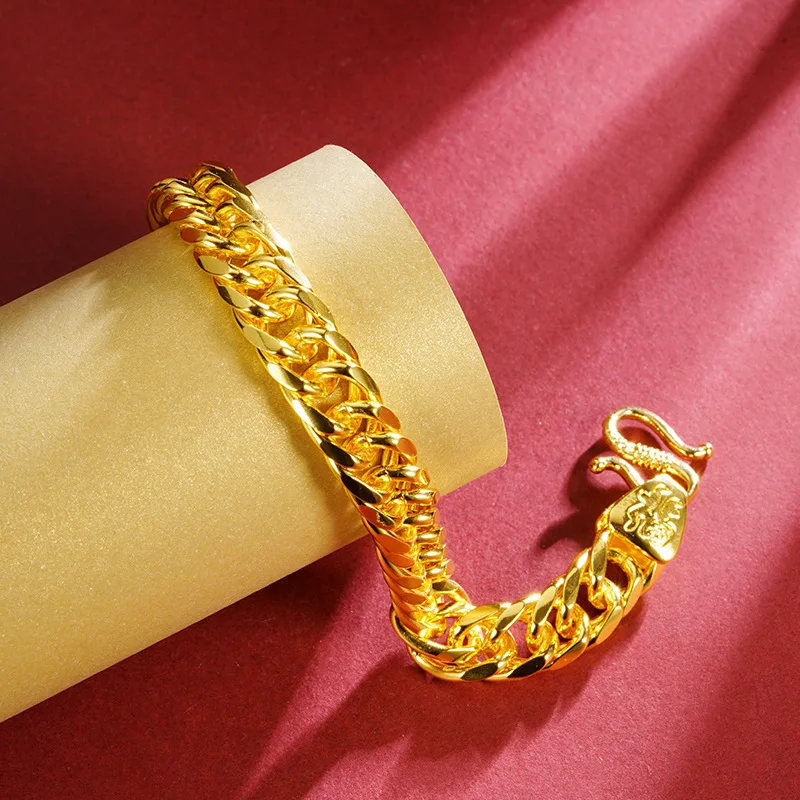 

Cynlo Jewelry Luxury 24K 9999 Pure Gold real gold Men's Wide 12MM Double Buckle Boss Bracelet