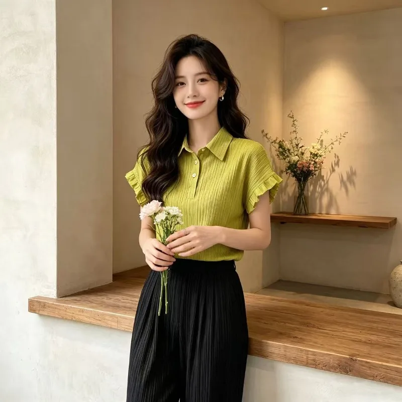 Miyake Pleated T-Shirt Plisse 2026 Summer New Lace Sleeve Pleats Top Women's Niche Design Elegant Age-Reducing Versatile T-Shirt