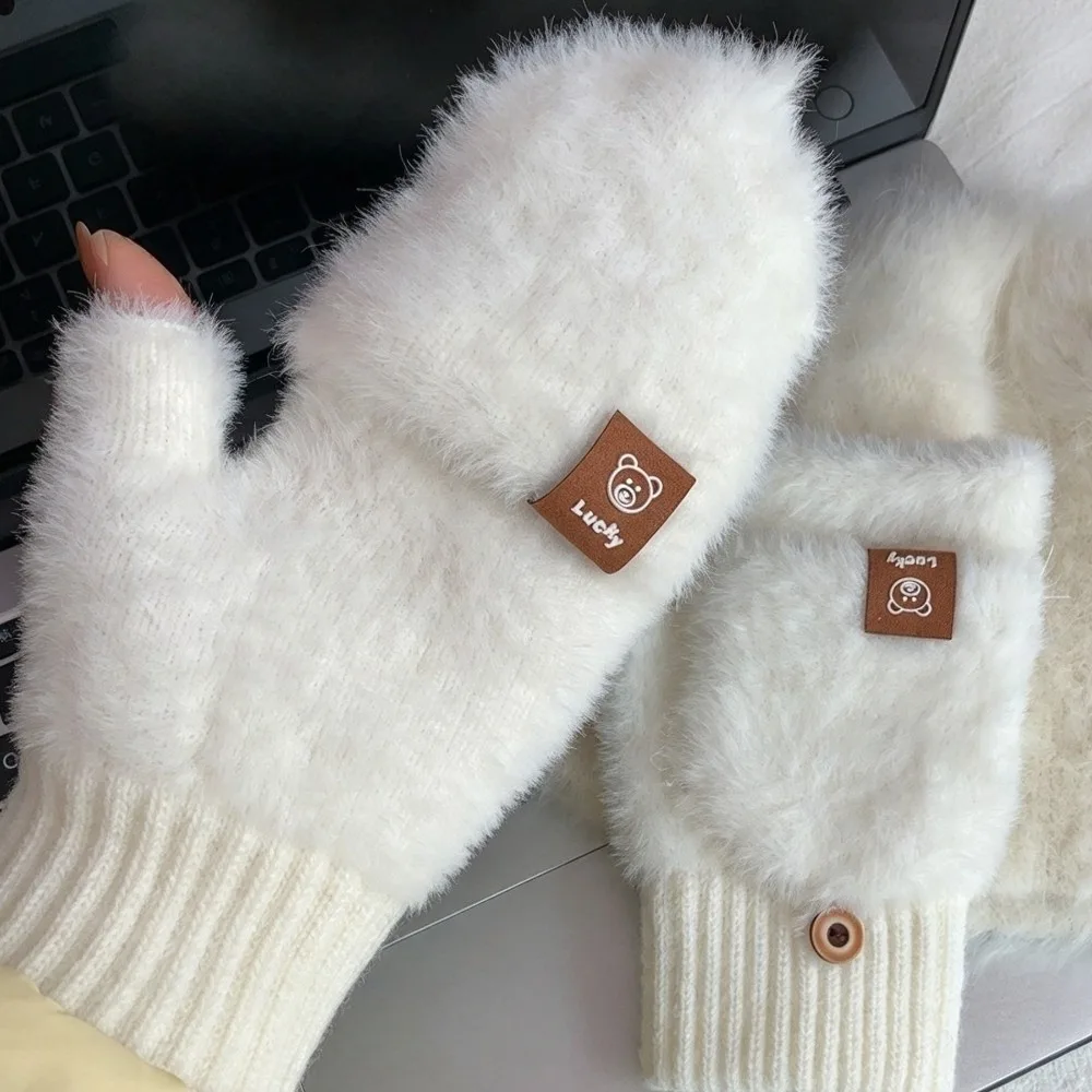 Thermal Soft Plush Flip Cover Gloves Touch Screen Warm Half Finger Gloves Fuzzy Bear Convertible Mittens Winter