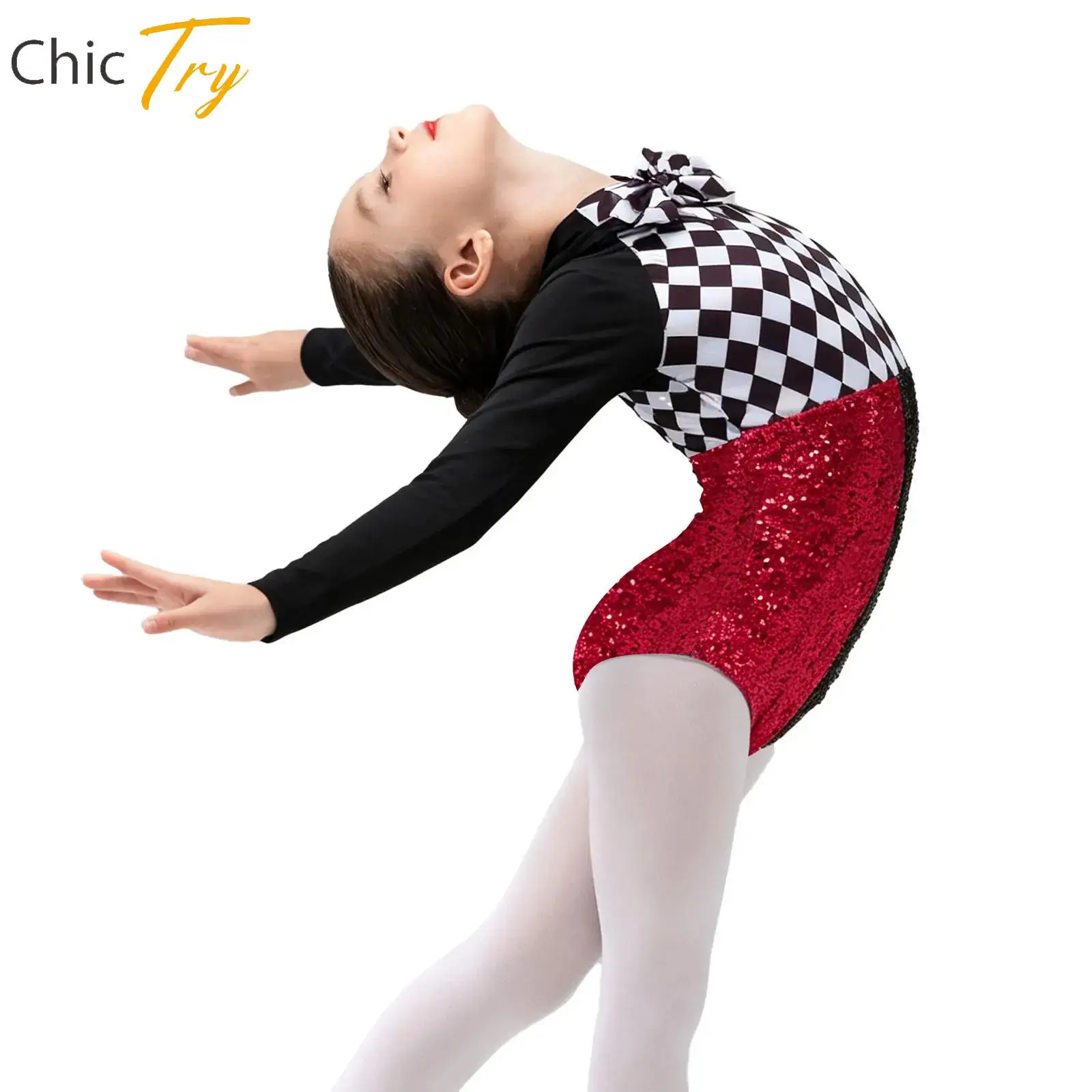 Kids Girls Circus Ringmaster Clown Costume Long Sleeve Sequins Jazz Dance Leotard Gymnastics Jumpsuit Stage Performance Clothes