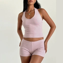 Women 2 Piece Lounge Set Casual Stripes Print Sleeveless V Neck Halter Crop Tops + Low Waist Slim Fit Shorts Going Out Outifts