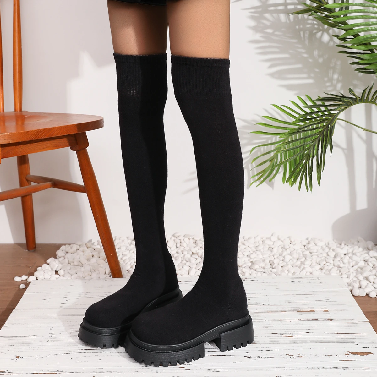 2025 New Women Ankle Boots Trend Slip on Shoes Woman Chunky Platform Knitted Shoes Women Thick Bottom Luxury Knee High Boots
