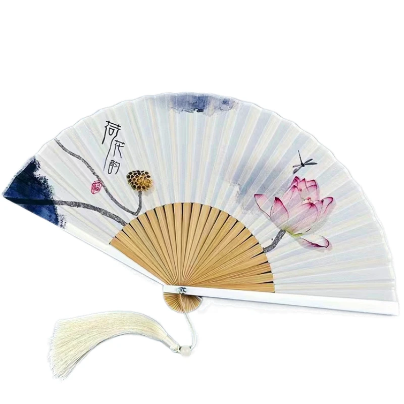 23cm Small Lady Hand Fan Portable Summer Elegant Lotus Orchid Fans Chinese Classical Foldable Gift Bamboo Fan Abanicos Para Boda