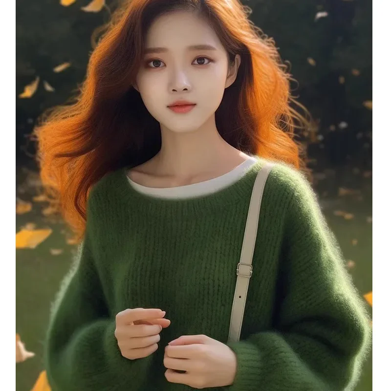 ملابس نسائية سترات سميكة صلبة بسيطة للخريف والشتاء سترة كلاسيكية فضفاضة برقبة دائرية بلوفرات دافئة مريحة