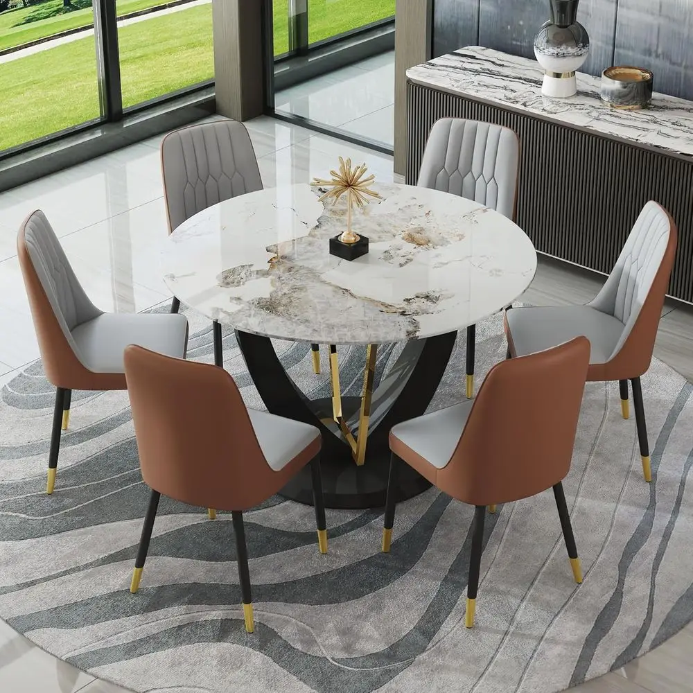 

6-Piece 42 Marble-Top Dining Set with Upholstered Chairs for Kitchen, Living, and Dining Areas