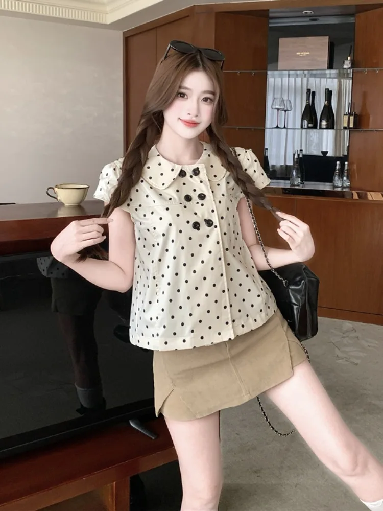 

Sweet Style Short Sleeve Princess Collar Double Buttoned Versatile Korean Fashion plus Size Women's Shirt Summer New Arrival