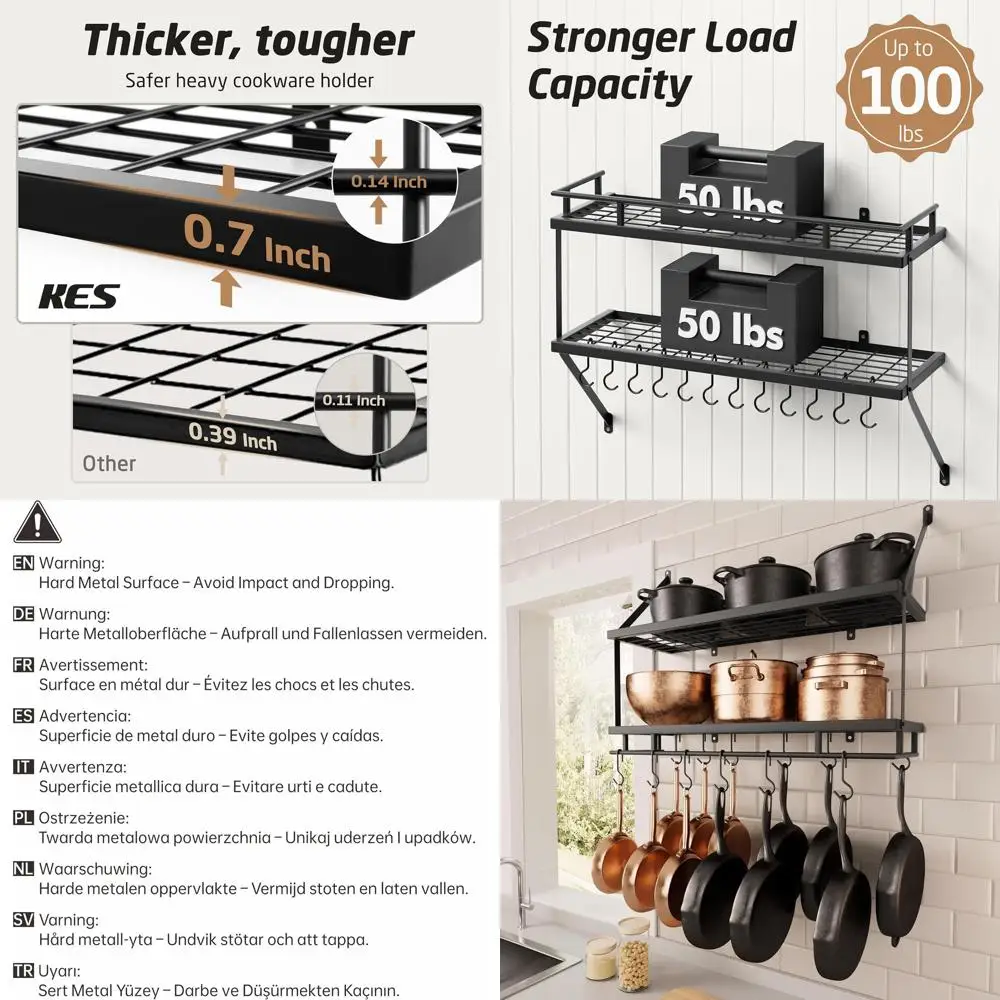 

2-Tier Black Pot Rack with 12 Hooks for Kitchen Wall Mount Storage and Organization