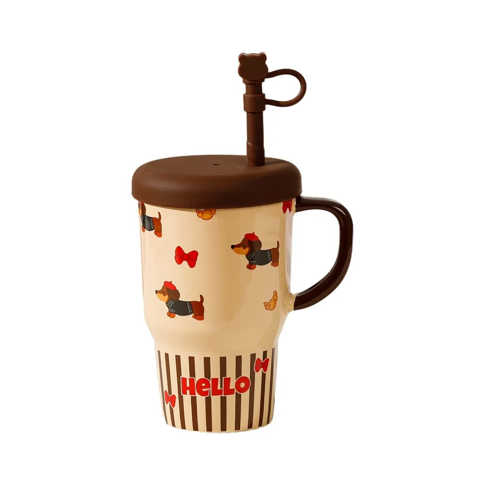 

Stylish Large Capacity Water Cup Cartoon Ceramics High Aesthetics Cup Dog Pattern with Straw Coffee Cup Travel