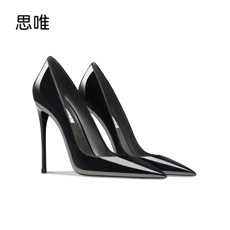

Black patent leather high heels 2025 new style slim heel pointed shallow mouth professional temperament versatile single shoe