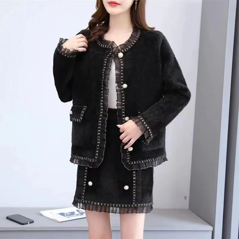 2023 Spring Autumn New Mink Velvet Casual Suit Skirt Women's Fashion Loose Single-Breasted Coat Female Skirt Two-Piece Suit