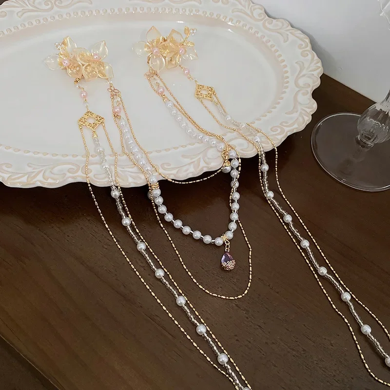 جديد النمط الصيني الراين زهرة مقاطع الشعر تقليد اللؤلؤ شرابة طويلة دبابيس الشعر الأصلي منقار البط كليب Hanfu اكسسوارات #3