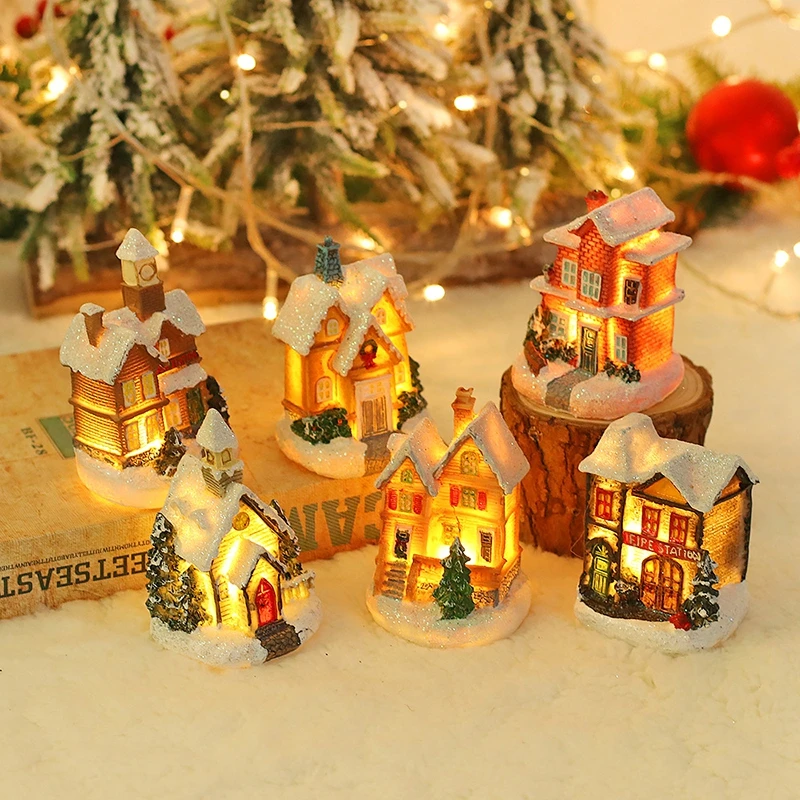 

Cabin Decoration Christmas Glowing Ornaments Resin LED Houses Christmas Kids Gifts Snowman Santa Claus Microlandscape Ornament