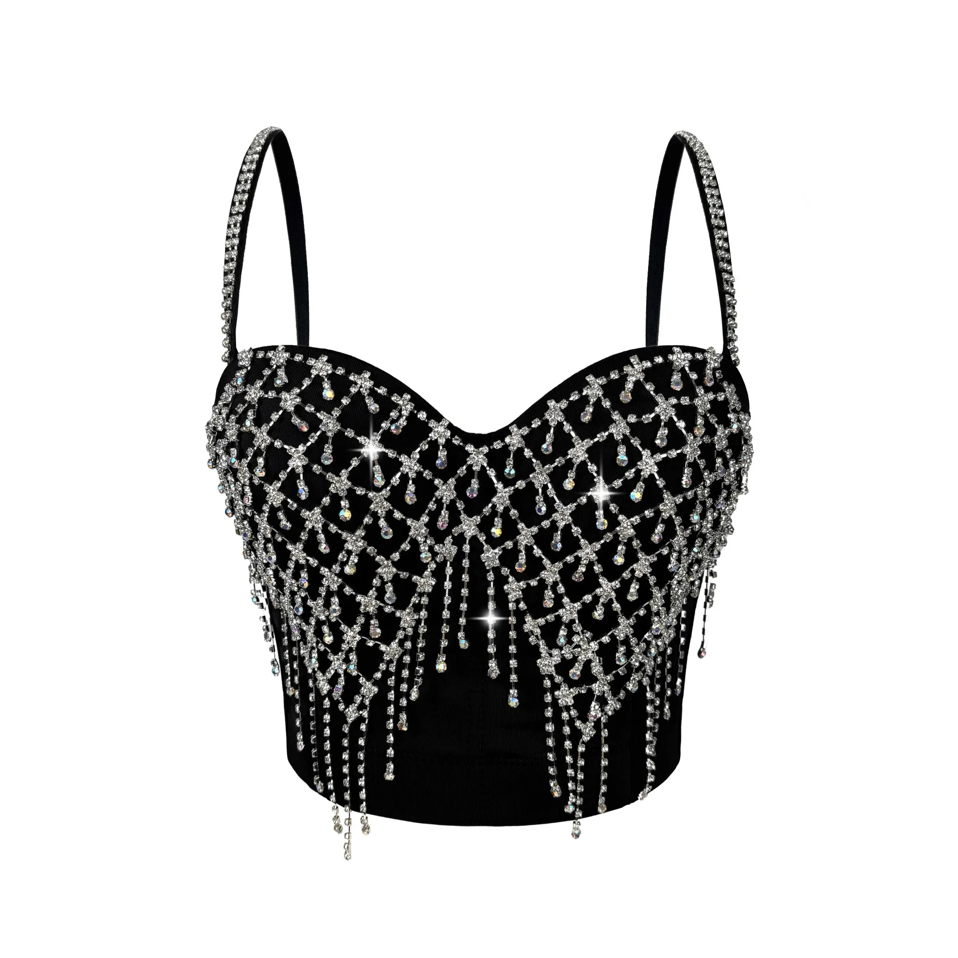 

Sexy Rhinestone Fringe Bustier Bra with Chain Strap, Fashion Underwire Corset Top for Women Unique Push Up Bustier for Outerwear