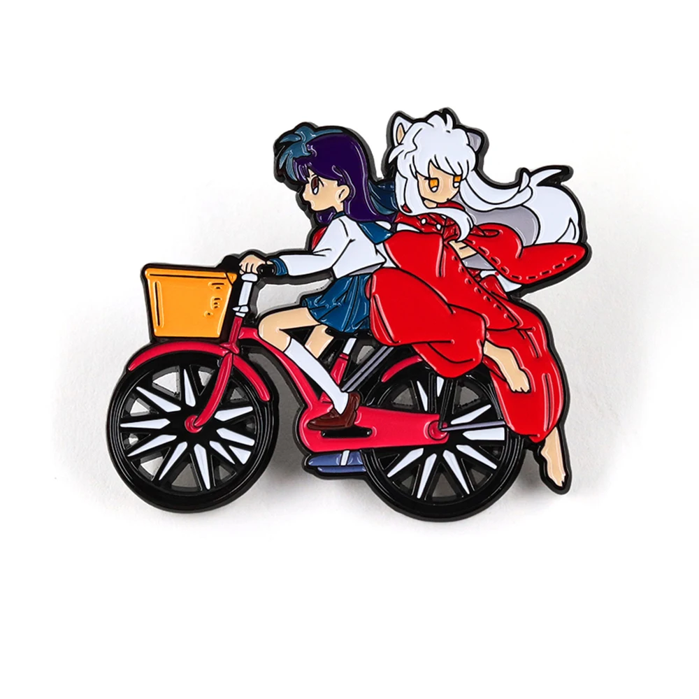Inuyasha Kagome Riding Bicycle Enamel Pin Classic Anime Movie Figures Brooch Red Bike Metal Badge Lapel Pin Manga Gift for Fans