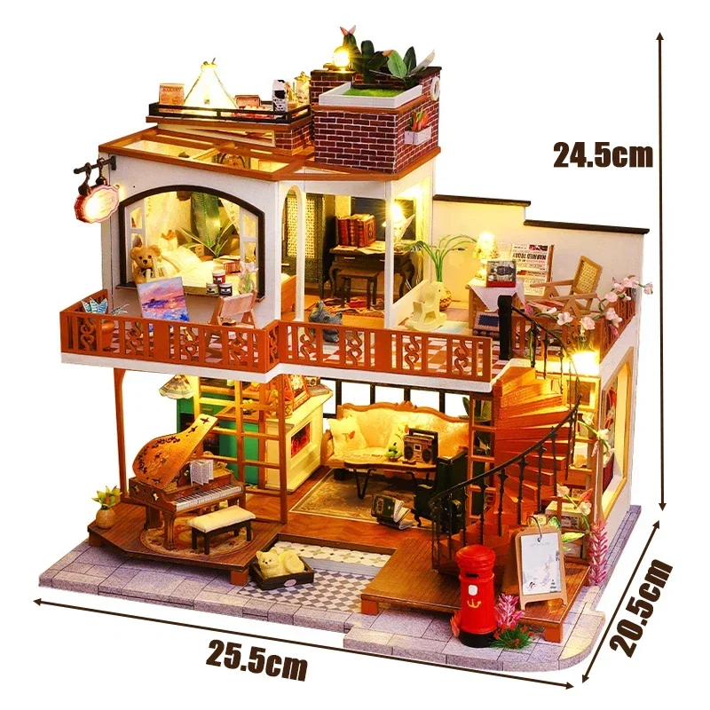 

DIY Wooden Modern Loft Dollhouse Casa Doll Houses Miniature Building Kits with Furniture Light Toys for Adults Birthday Gifts