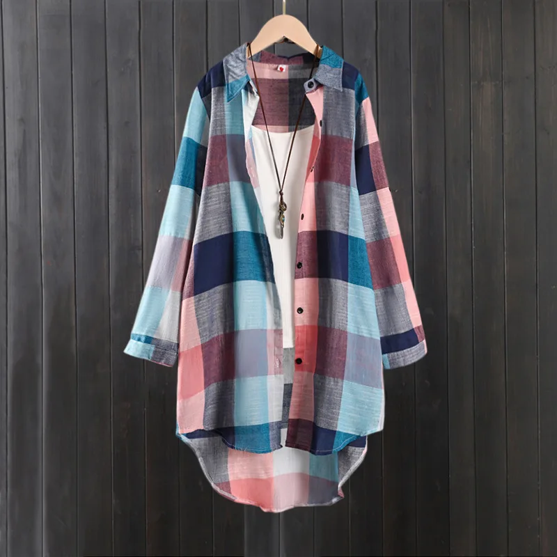 Women's Plaid Shirt Casual Blouses Woman Tops for Women Long Sleeve Long Sleeve Shirts Chic Blouse Check Linen Cotton Clothing image 3