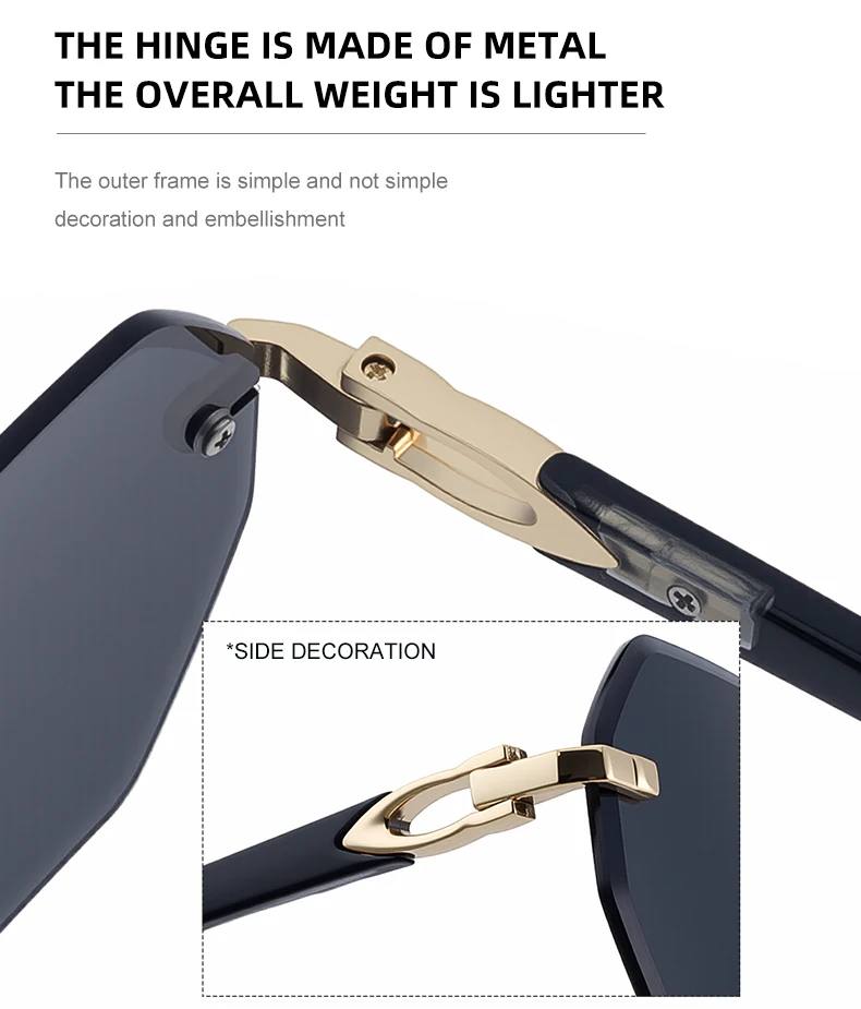 Modische randlose quadratische Sonnenbrille für Damen 2026 – Luxusmarke, sechseckiger Metallrahmen, trendige Outdoor-Sonnenbrille für Frauen – Detail 11
