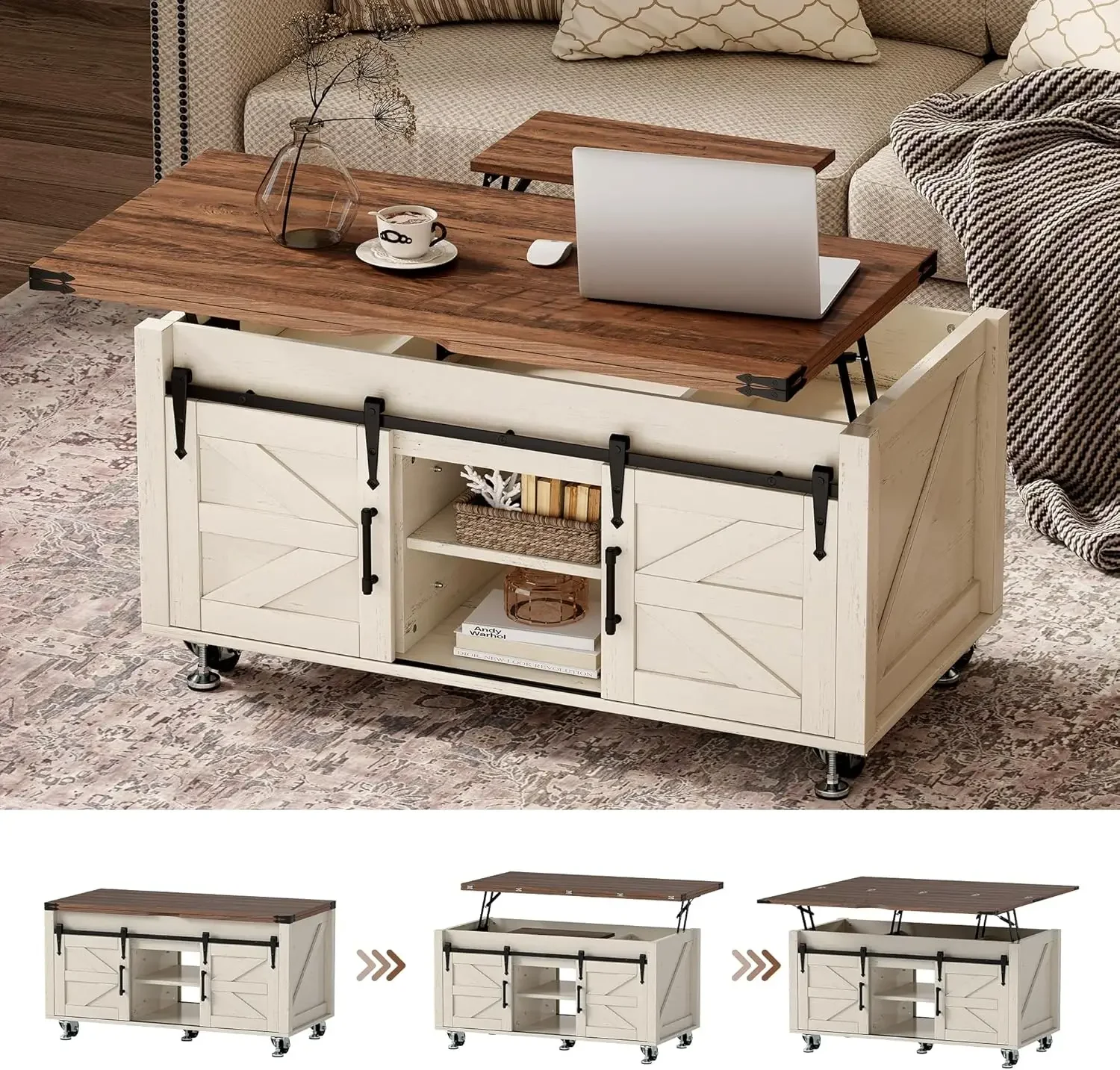 

40” Farmhouse Coffee Table Bilateral Lift Top with Sliding Barn Door Movable Rustic Square Center Table with Large Hidden Storag