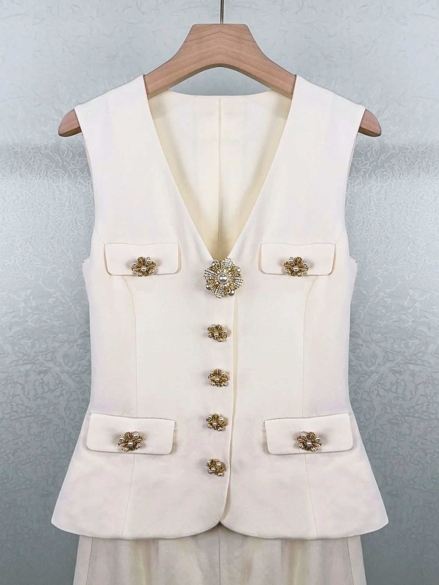 Vestido Midi elegante para mujer, traje con botones dorados, cuello en V, sin mangas, Color liso, otoño 2024