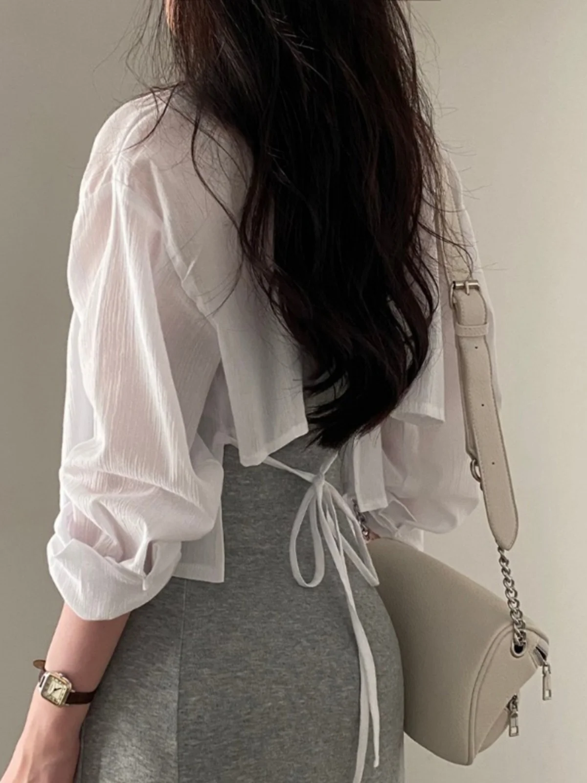 

White Women's Chiffon irt with Belt Ba Design Sunscreen ort Sle Korean Loose Fit Long Sve Collar Color