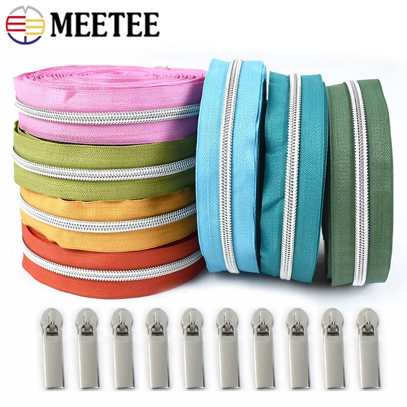 

5/10/20Meters 5# Nylon Zipper Tape with Silver Zippers Puller Slider Bag Clothing Decorative Coil Zip Repair Kit DIY Accessories