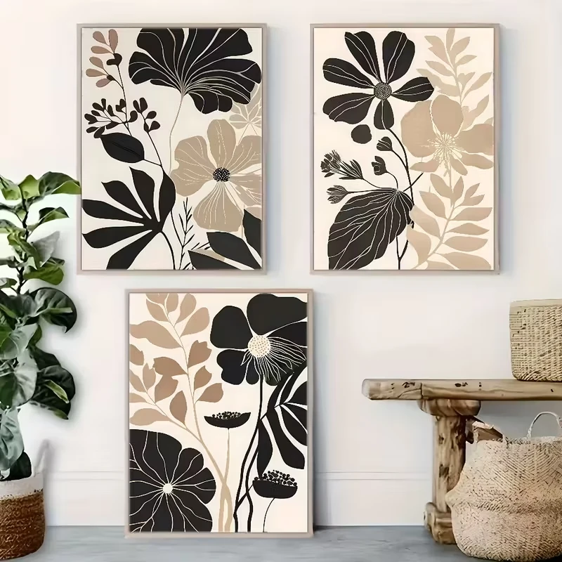

3pcs Modern Plant Wall Art with Black Beige Floral Prints Canvas Decoration for Living Rooms Bedrooms, Kitchens and Home Offices