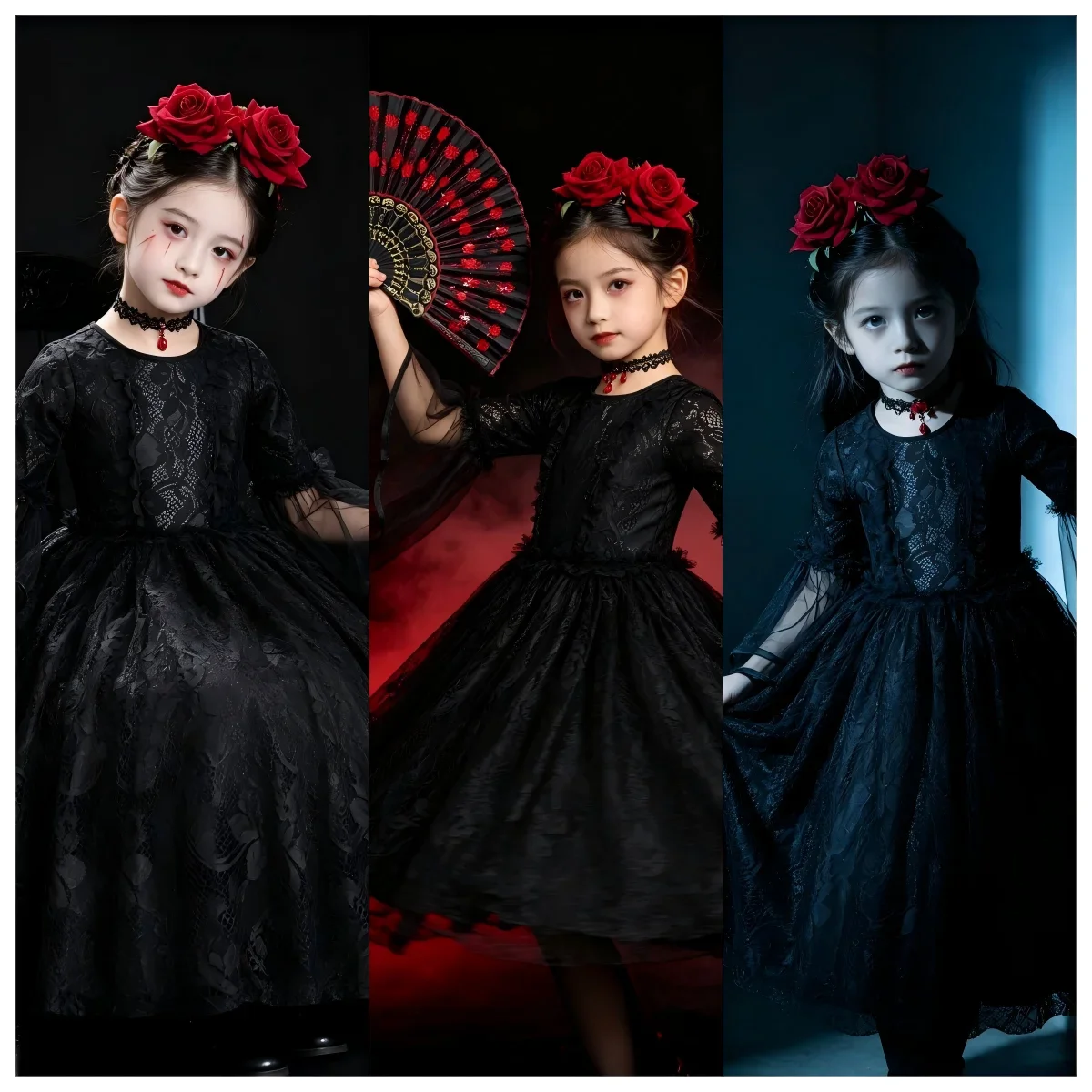 Kinder-Kostüm „Königliche Vampir-Königin“ Retro Schwarzes Kleid mit Rosen-Stickerei Mädchen Gothic-Kleid Halloween Straßenparade Bösewicht-Rollenspiel-Outfit – Detail 2