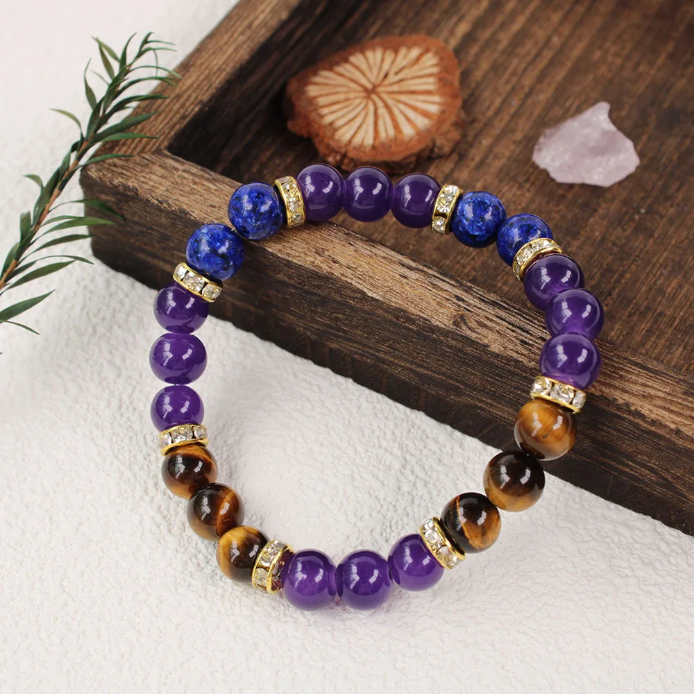 جذب الثروة الطاقة الأرجواني سوار للنساء الطبيعية عين النمر اللازورد حجر الإسورة الرجال عادية حجر الراين الخرز والمجوهرات