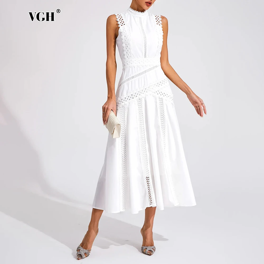 

VGH Elegant Spliced Embroidery Hollow Out Dresses for Women Round Neck Sleeveless High Waist Minimalist A Line Long Dress Female