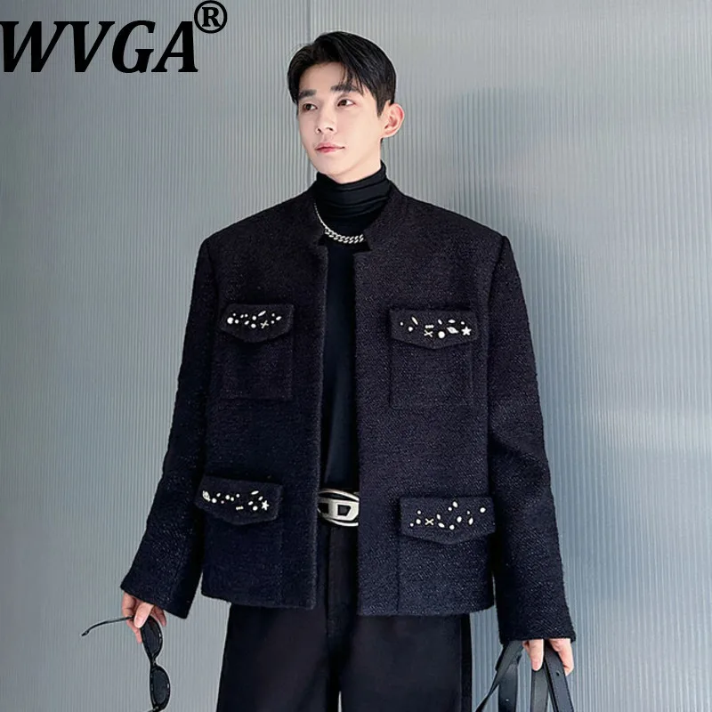

WVGA Осень Зима Новые Мужчины Tide Нишевый Дизайн Бисером Модные Короткие Куртки Нишевые Шикарные Повседневные Карманы Воротник-стойка Пальто Ins W16996