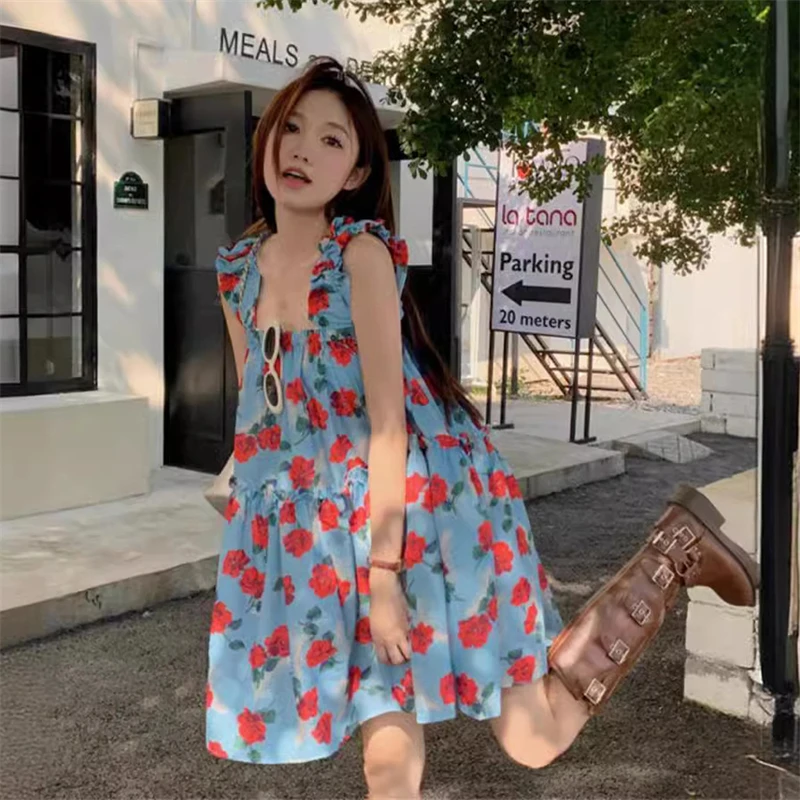 

Retro Auricularia Edge Fragmented Flower Skirt With Hanging Strap Dress For Women Summer Loose Slimming Beach Vacation Short