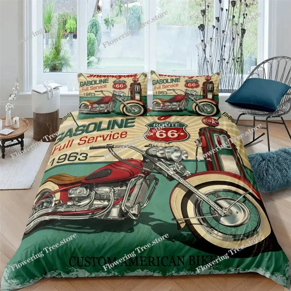 Fashion 3d Bedding Set U.S. Route 66 Quilt Cover Motorcycle Duvet Cover Set For Kids Teens Luxury Home Textile029