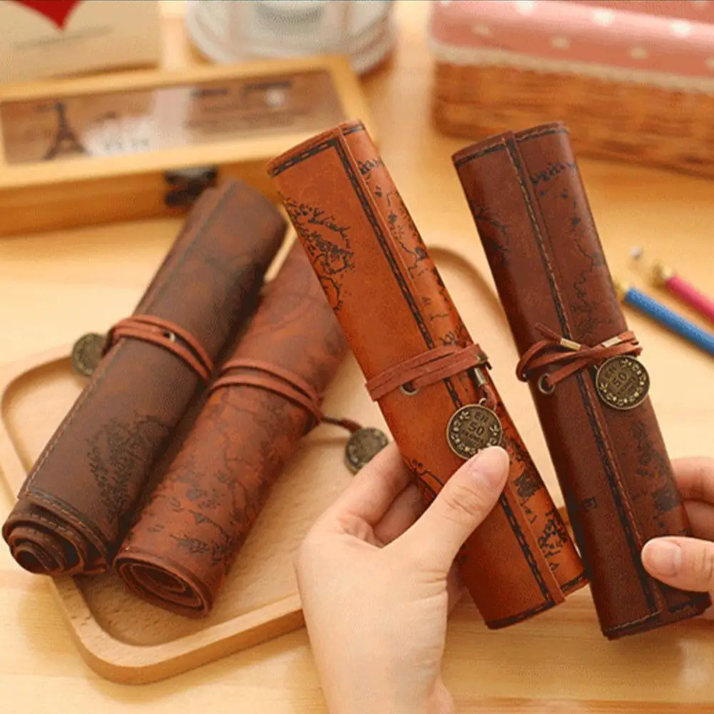 New Treasure Map Pen Bag Retro Canvas Leather Large Capacity Waterproof Pencil Bag Student Stationery Box Roll Pen Bag