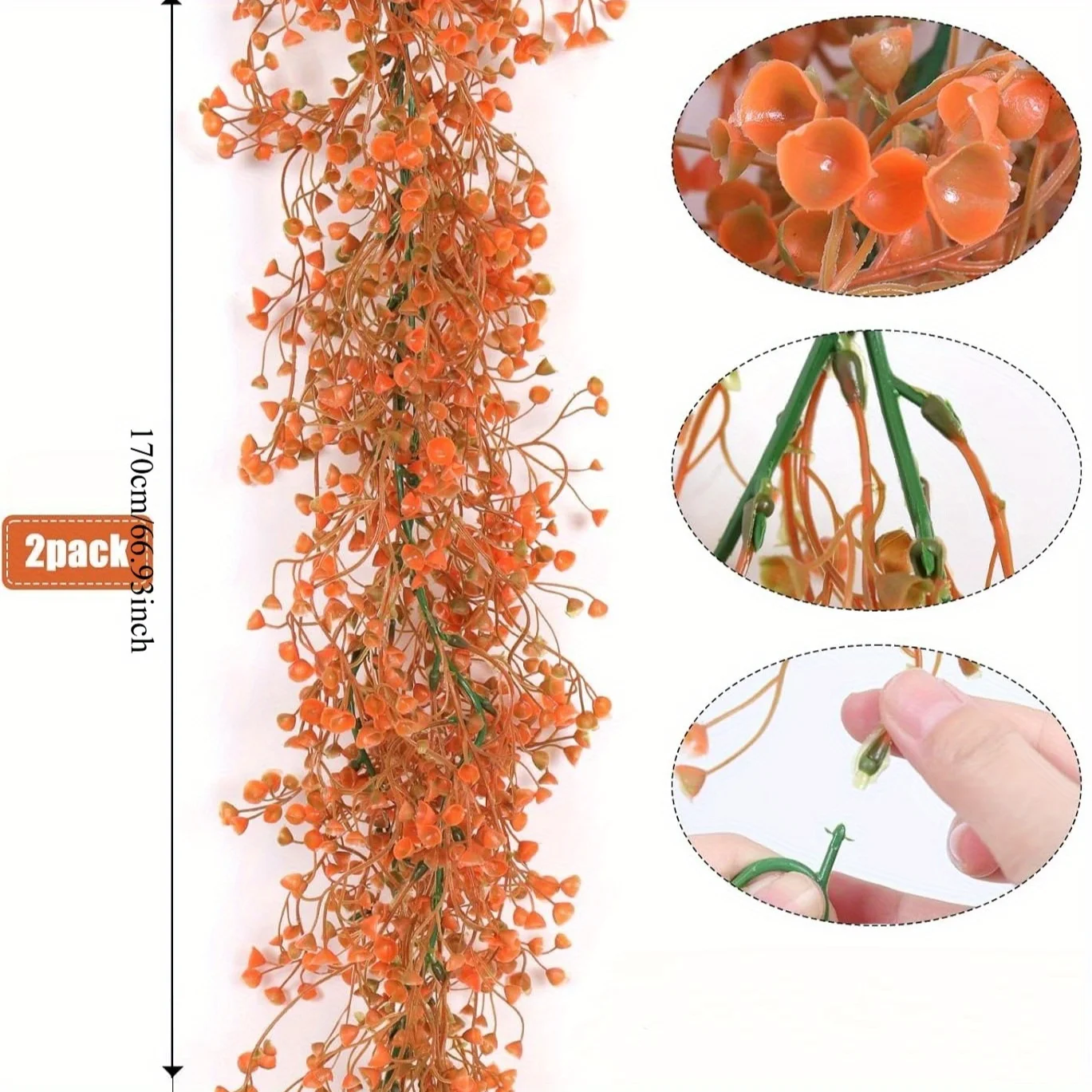 2Pcs Artificial Orange Wisteria Garland, Faux Hanging Ivy Vines, Fake Trailing Plants for Home Garden Wedding Party Arch Firepla