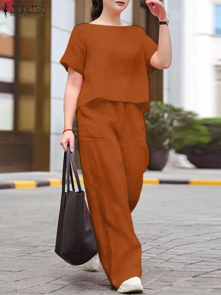 2024 ZANZEA Woman Casual Solid Suit Fashion Street Matching Sets Short Sleeve O-Neck Blouse Wide Leg Pants Vintage OL Outifits