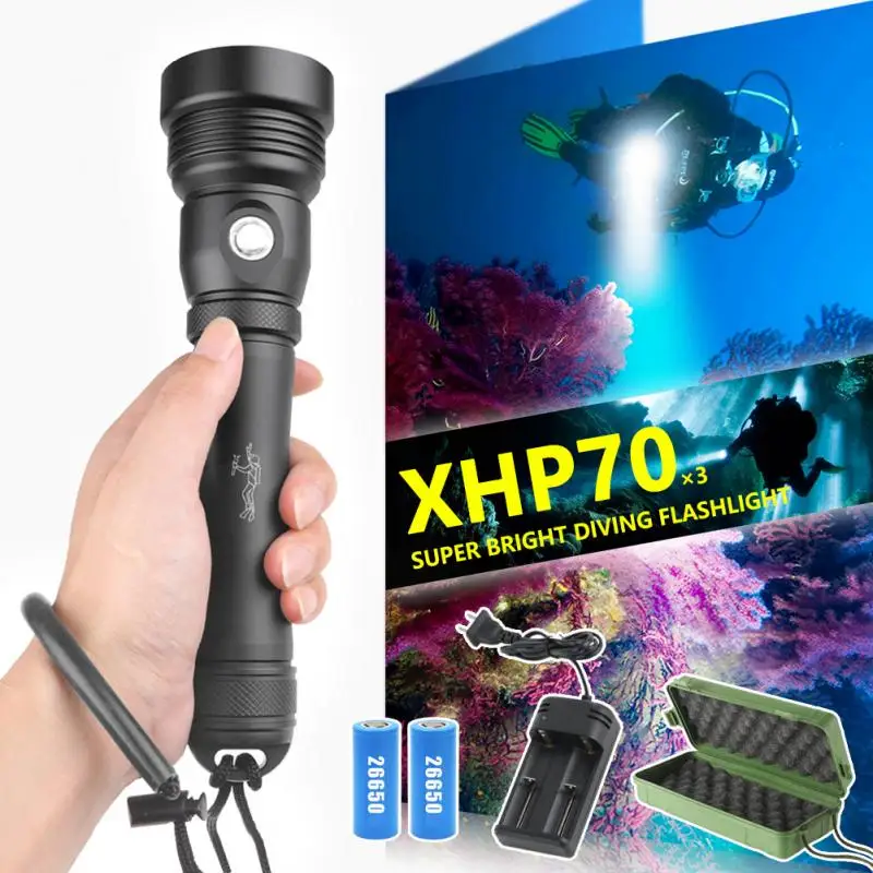 

Фонарик для дайвинга Xhp70, подводный мощный фонарик 100 м с 3 светодиодами для подводного плавания, фонарь Ipx8, профессиональная Водонепроницаемая ручная лампа