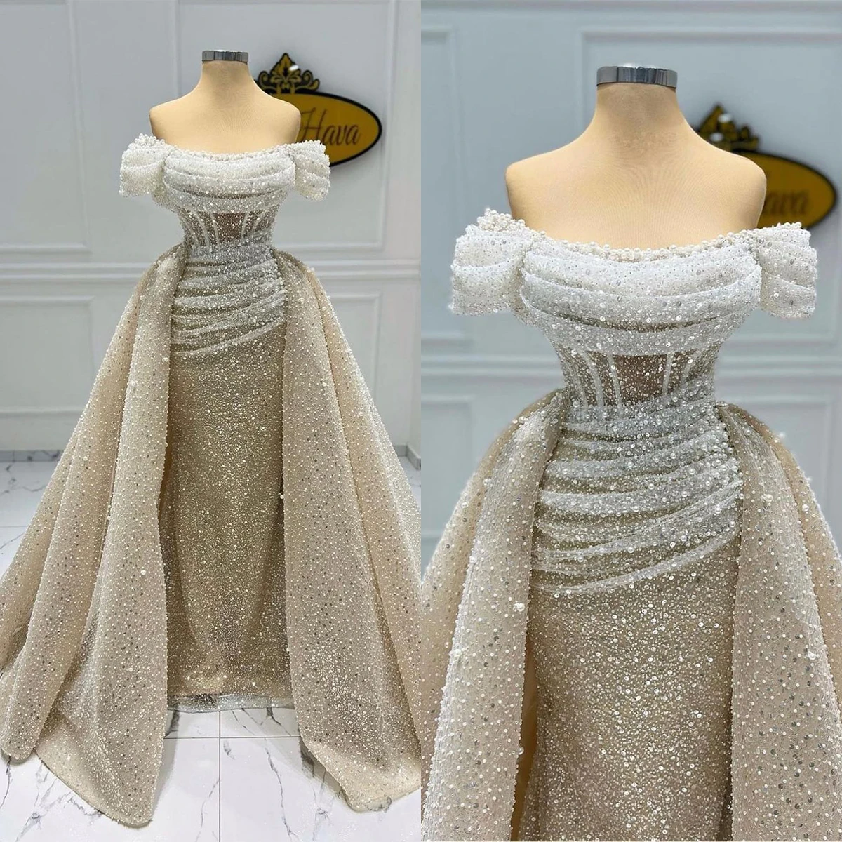 Luxury Women Wedding Dresses Off-Shoulder Sequins Pearls Bridal Gown Sleeveless Slim Fit Sweep Train Dress vestidos de novia