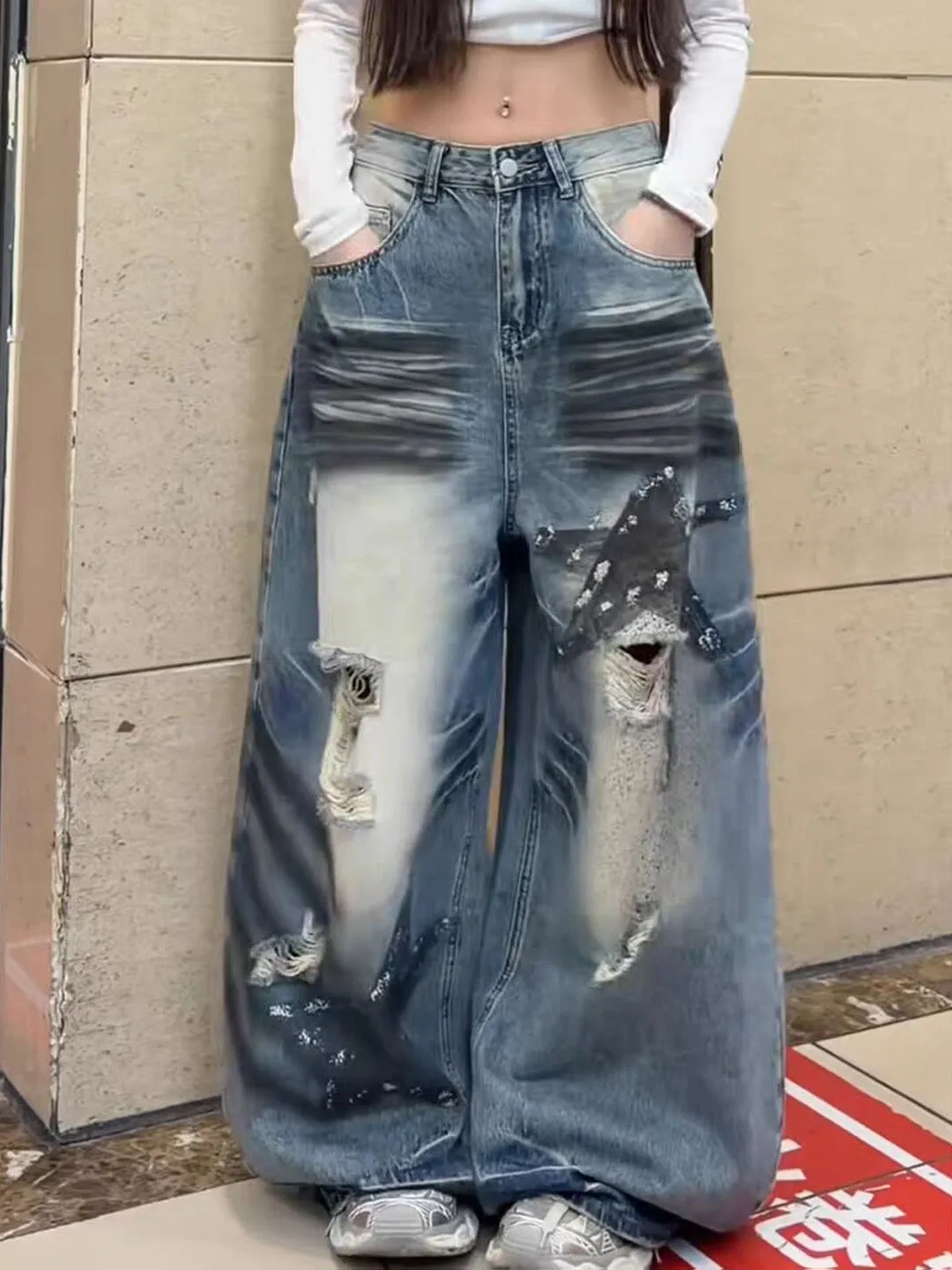 American Retro Star Print Hole Wide Leg Denim Jeans Women's New 2026 Bend Knife Pants High Waist Comfortable Blue Jeans