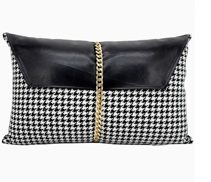 houndstooth Grid black PU leather cushion cover waist pillow case with gold metal chain