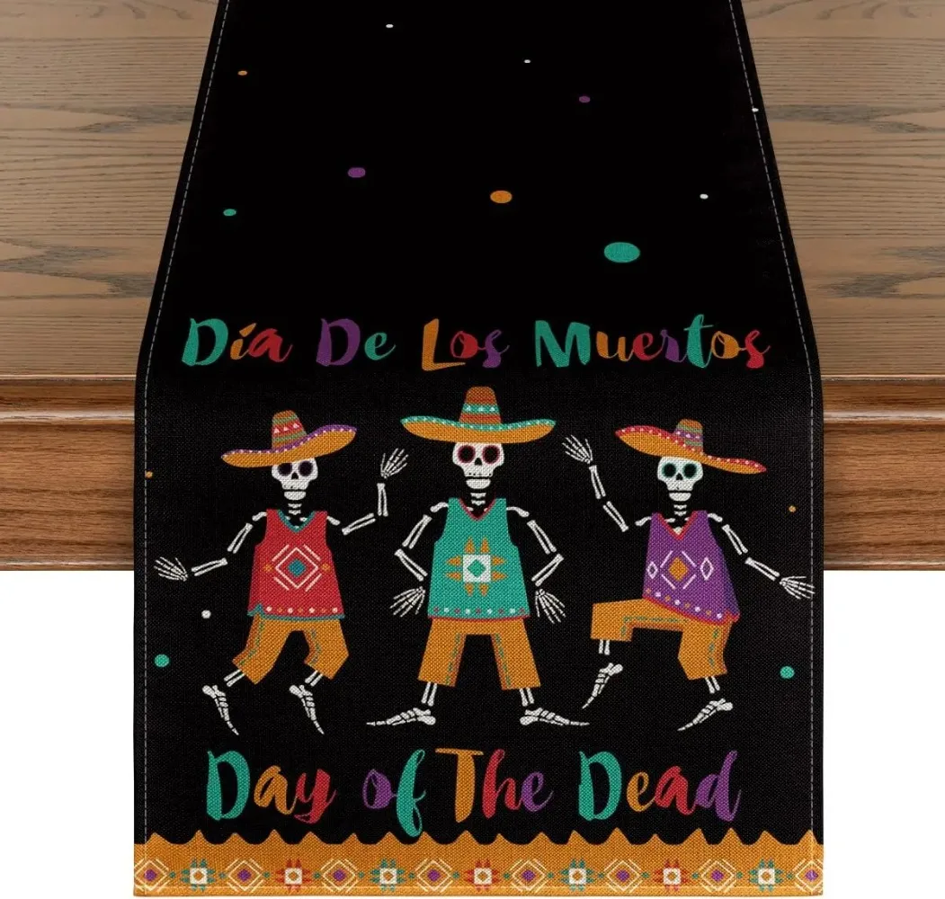 Dia De Los Muertos Sugar Skull Skeletons Table Runner Day of The Dead Kitchen Dining  Decoration Outdoor Home Party Decor